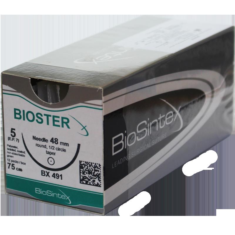 Bioster(BX 493),Поліестер,зелений USP 5 (M7),100 см, кол. голка 48 мм,1/2 кола